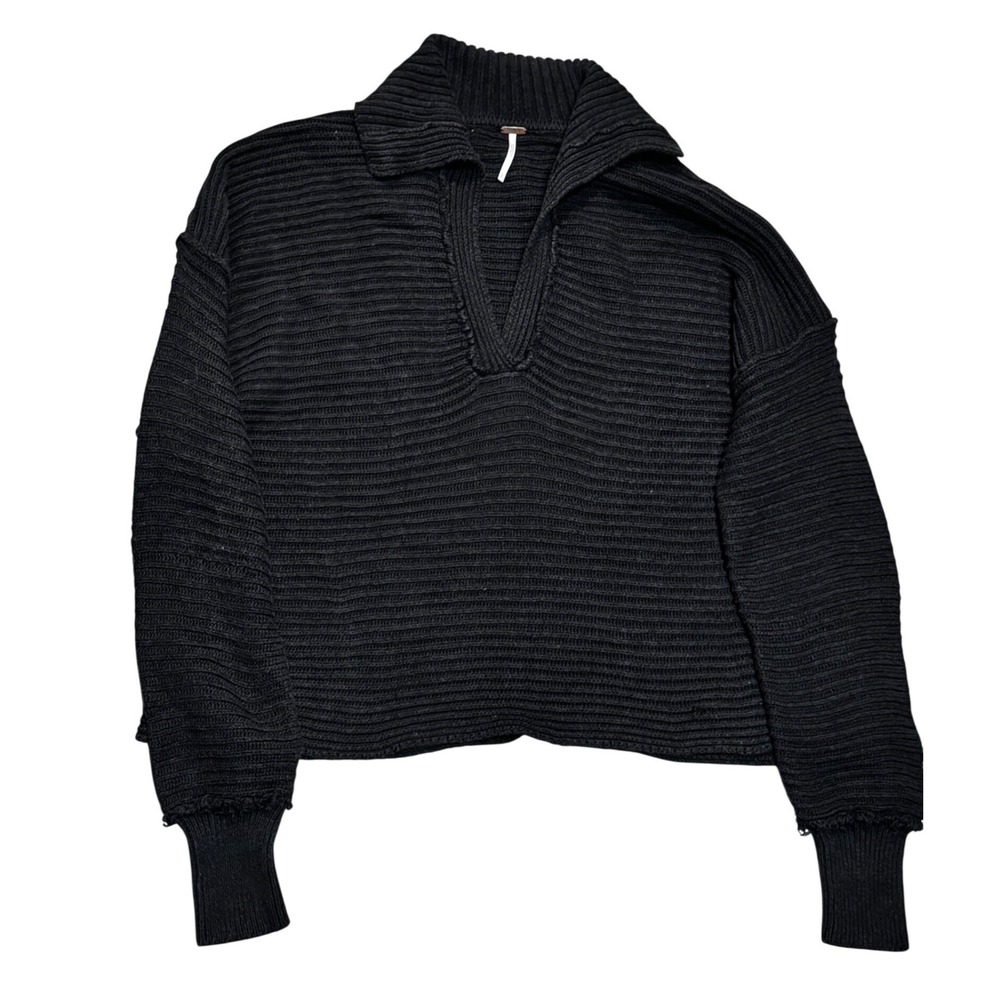 Free People Sweater Womens L Black Gray Ribbed V-Neck Pullover Oversized